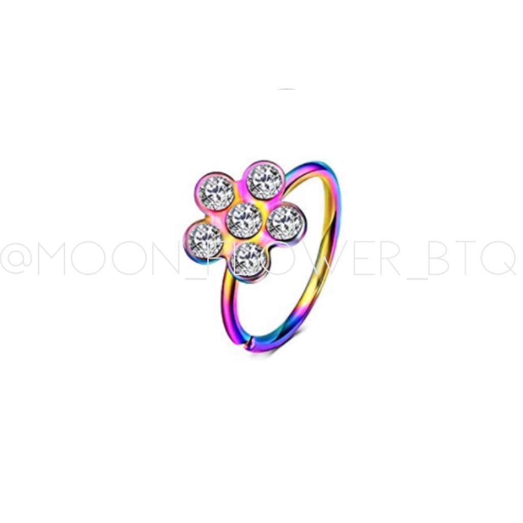 Tiny Rainbow Cz Flower Fixed Hoop Nose Ring